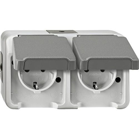 merten Schuko dubbele wandcontactdoos Aquastar Merten,IP44,opbouw,lichtgrijs,horizontaal-rechts,1 stuk MEG2321-8029 NIEUW