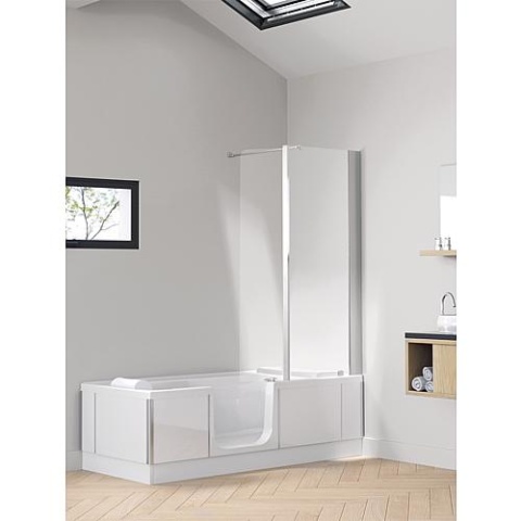 Evenes bathtub duo-corner with shower area, left, glass cladding white, WxHxD:1800x590x800mm NEW