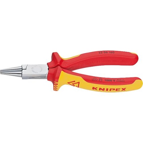 KNIPEX Rundzange verchromt DIN ISO 5745 VDE isoliert mit zweifarbigen Mehr- komponenten Griffhüllen Länge 160mm 22 06 160 NEU