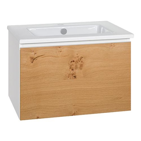 Mueble de lavabo Evenes + lavabo de cerámica serie ELA cuerpo blanco smt - frente chapado roble claro 610x420x51 Nuevo