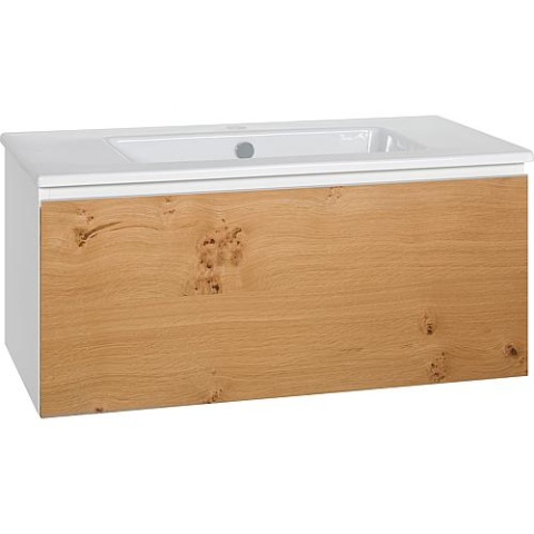 Mueble de lavabo Evenes + lavabo de cerámica serie ELA cuerpo blanco smt - frontal roble chapado claro, 910x420x Nuevo