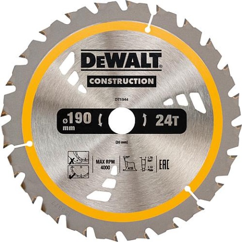 Lame de scie circulaire DeWalt Ø 190 x 30 mm avec 24 dents interchangeables, convient pour DeWalt DWE575K NOUVELLE