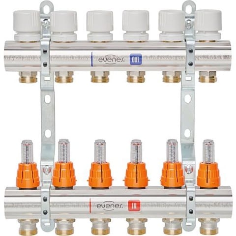 collettore per circuiti di riscaldamento Evenes tipo M6.7, DN25(1"") ottone, 7 circuiti di riscaldamento, con flussometro NUOVO