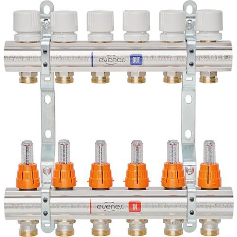 Verwarmingscircuitverdeler Evenes van het type M6.11, DN25(1) messing, 11 verwarmingscircuits, met Nieuwe flow