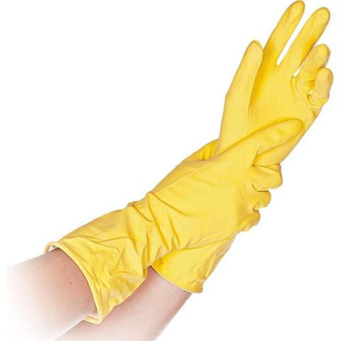 Guante de limpieza hombre látex natural, apto para uso alimentario, XL 30 cm largo, amarillo / PU 12 pares 25908 NUEVO