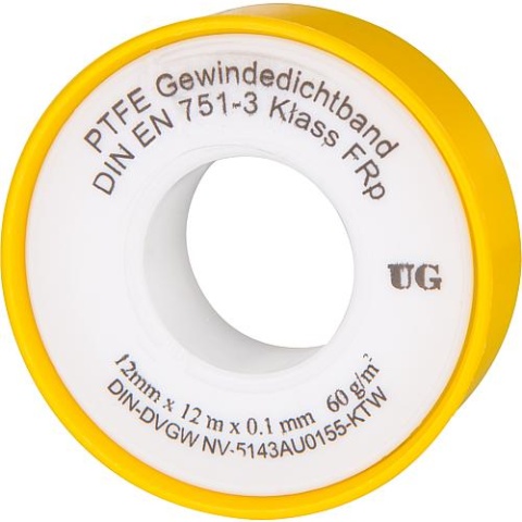 WBV Cinta de sellado de roscas de PTFE FRp (rosca fina) 1 pieza núcleo blanco/cubierta amarilla 12m NUEVO