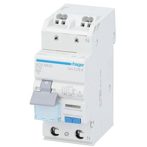 hager FI/LS vermogenschakelaar Hager 1p+N,Type A,C13A,30mA,6 kA, ADS963D,QuickConnect NIEUW