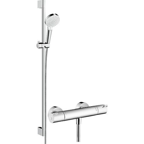 hansgrohe Set de douche thermostatique Crometta Vario, Ecostat 1001 CL Barre de douche 900 mm, douchette à main Ø 100 mm et flexible de douche chromé NOUVEAU