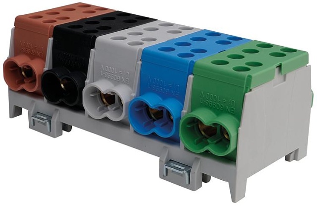 Pollmann main line branch terminal 1x brown,black,grey,blue,green 8x in. 35mm²/10x out. 25mm² NEW