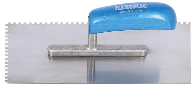 HAROMAC Cazzuola 4x4 seghettata 280 mm in acciaio, manico blu temprato 11515004 NUOVO