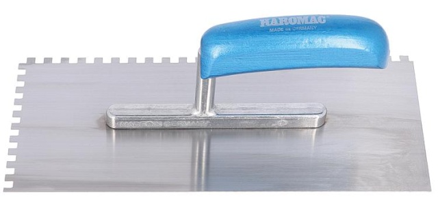 HAROMAC Cazzuola 6x6 seghettata 280 mm in acciaio, manico blu temprato 11515006 NUOVO