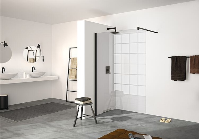 Mampara de ducha de cristal Hüppe Walk-In modular con juego de perfiles de pared, AnxAlxP:985-1000x2000x6 mm ETC Black Edition NUEVO