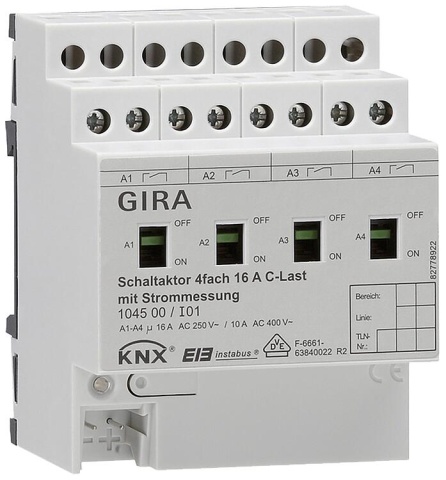 GIRA schakelactor 4-voudig 16A met handbediening en stroommeting voor C-belastingen KNX REG NIEUW