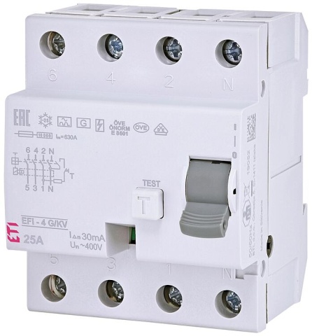 Interruptor diferencial ETI EFI-4 G/KV, 4 polos, 25A, 0,03A, tipo A, temporizado NUEVO