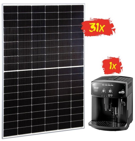 Set dazione con pannelli fotovoltaici - cornice argento + macchina da caffè completamente automatica DeLonghi NUOVO