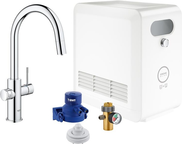 Mitigeur dévier Grohe Blue Professional Starter Kit, bec amovible. Goulot C chromé avec radiateur NOUVEAU