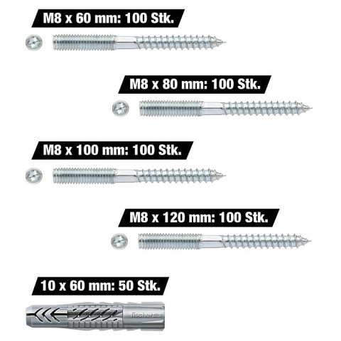 Value pack viti prigioniere M8 x 60-120 mm, 400 pezzi + tappo universale Fischer UX in omaggio, 50 pezzi NUOVO