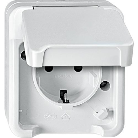 merten Aquastar geaarde wandcontactdoos Merten, IP44, opbouw, poolwit, contactbeveiliging, 1 stuk MEG2300-8019 NIEUW