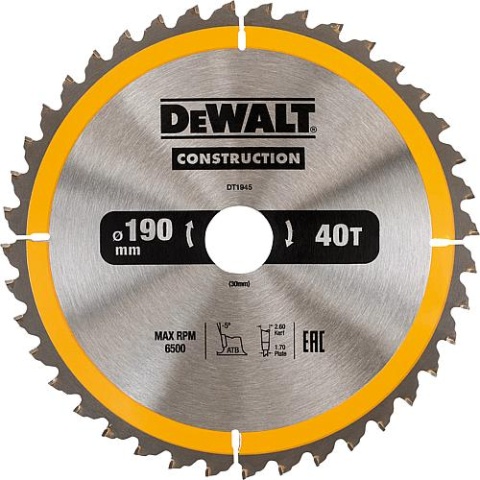 Lame de scie circulaire DeWalt Ø 190 x 30 mm avec 40 dents alternées, convient pour DWE575K NOUVEAU