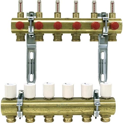 Giacomini Heizkreisverteiler Messing 1"" Durchflussmesser 0,5 - 5 l/min für 12 Gruppen, 3/4"" Eurokonus R 553 FY052 NEU