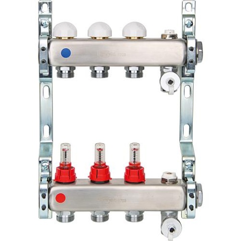 gelijkmatige verwarmingscircuitverdeler ACT2, DN 25 (1"") roestvrij staal, 8 verwarmingscircuits met debietmeter NIEUW