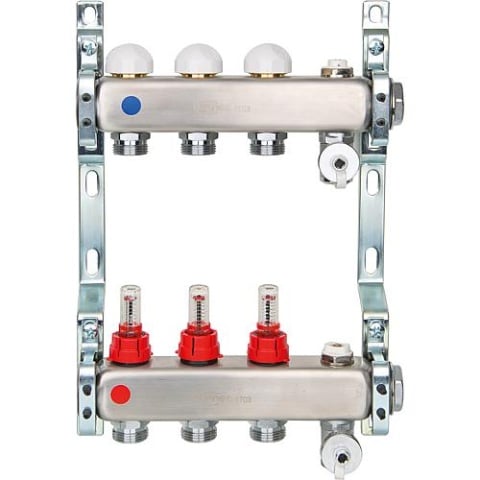 collettore per circuiti di riscaldamento Evenes ACT2, DN 25 (1"") in acciaio inox, 5 circuiti di riscaldamento con flussometro NUOVO